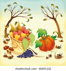 Fruit and vegetables in Autumn. Vector illustration, isolated objects.