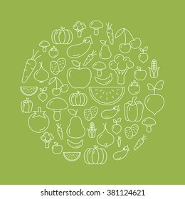 Fruit and vegetables background with icons - flat design. Healthy lifestyle. Eco, organic fruit and vegetables.