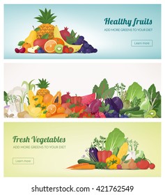 Fruit and vegetables banner set and rainbow composition, healthy food and nutrition concept