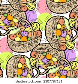 Fruit and vegetables basket seamless pattern, healthy food decorative vector background for textile fabric print design, digital and wallpaper. Hand drawn cartoon style illustration, line drawing.