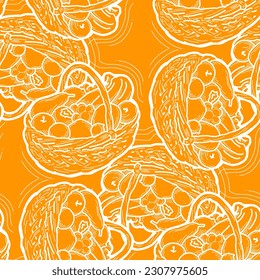 Fruit and vegetables basket seamless pattern, healthy food decorative vector background for textile fabric print design, digital and wallpaper. Hand drawn cartoon style illustration, line drawing.