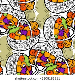 Fruit and vegetables basket seamless pattern, healthy food decorative vector background for textile fabric print design, digital and wallpaper. Hand drawn cartoon style illustration, line drawing.