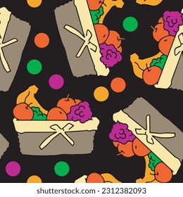 Fruit and vegetables basket seamless pattern, healthy food decorative vector background for textile fabric print design, digital and wallpaper. Hand drawn cartoon style illustration, line drawing.
