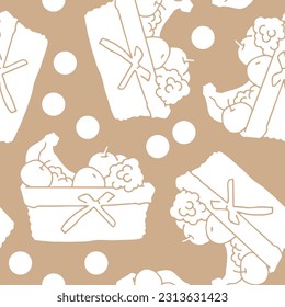 Fruit and vegetables basket seamless pattern, healthy food decorative vector background for textile fabric print design, digital and wallpaper. Hand drawn cartoon style illustration, line drawing.