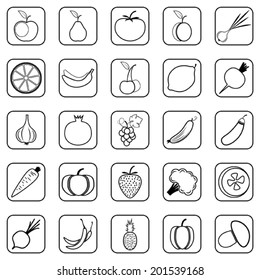 Fruit and vegetables black contour vector web icons.