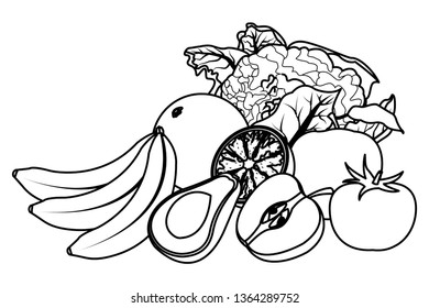 fruit and vegetables black and white