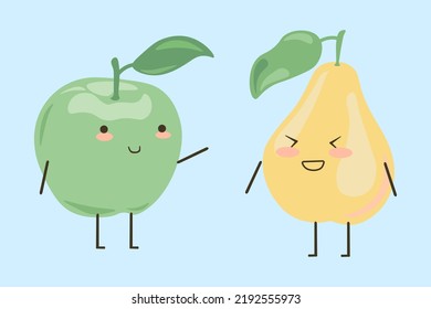 Fruit and vegetables. Cartoon characters emotion expressions. Funny smiling faces. Happy ripe apple. Laughing juicy summer pear with leaf. Healthy product. food mascot stickers set