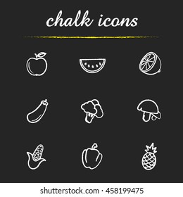 Fruit and vegetables chalk icons set. Apple, watermelon slice, lemon half, eggplant, broccoli, mushrooms, corn, bell pepper, pineapple. Isolated vector chalkboard drawings