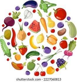 Fruit and vegetables circle. Round cartoon food pattern