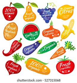 Fruit and vegetables color silhouettes, logo for food store packaging.