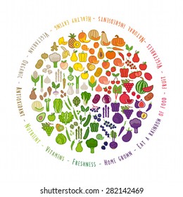 Fruit And Vegetables Color Wheel With Food Icons, Nutrition And Healthy Eating Concept