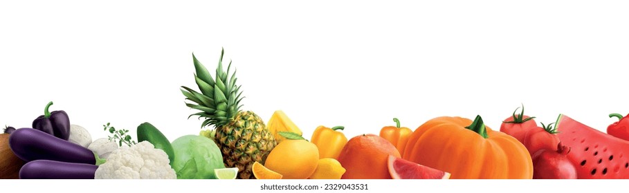 Composición de frutas y hortalizas de frutas y verduras realistas clasificadas por color en la ilustración vectorial de fondo blanco