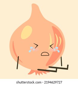 Fruit And Vegetables. Crying Onion. Cartoon Characters Emotion Expressions. Upset Face With Tears. Healthy Product. Vegetarian Product. Sad Mood. Raw Plant. Vector Food Mascot Sticker