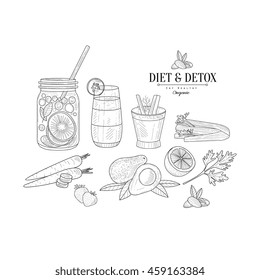 Fruit And Vegetables Diet Hand Drawn Realistic Sketch