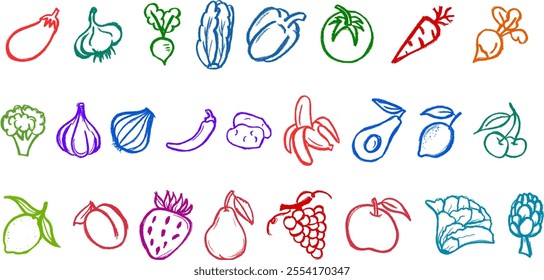 Fruit and Vegetables Drawing icons Crayon Chalk Vector Set