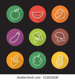 Fruit and vegetables flat linear long shadow icons set. Apple, watermelon slice, lemon half, eggplant, broccoli, mushrooms, corn, bell pepper, pineapple. Vector line illustration