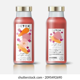 Fruit, vegetables and ginger detox. Apple, carrot and raspberry mix. Bottle template with face and back labels. 