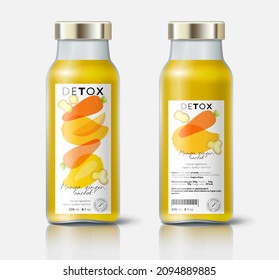 Fruit, vegetables and ginger detox. Mango, carrot, ginger mix. Beautiful transparency whole and cut fruits. Bottle template with face and back labels.