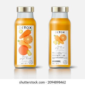 Fruit, vegetables and ginger detox. Orange, carrot, ginger mix. Beautiful transparency whole and cut fruits. Bottle template with face and back labels.