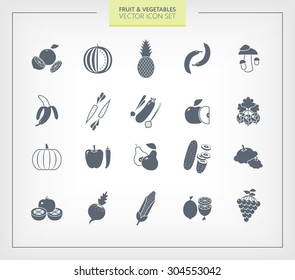 Fruit and Vegetables icon set. Black silhouettes on white background.