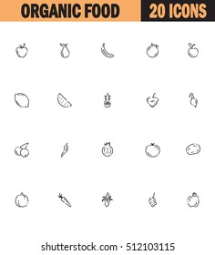 Fruit and vegetables icon set. Collection of high quality outline symbols for web design, mobile app, logo. Flat signs of apple, pepper, onion, carrot, tomato, grape, corn, etc. Organic food line icon
