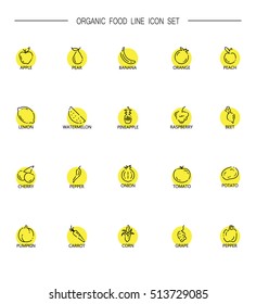 Fruit and vegetables icon set. Collection of high quality outline symbols for web design, mobile app, logo. Flat signs of apple, pepper, onion, carrot, tomato, grape, corn, etc. Organic food line icon