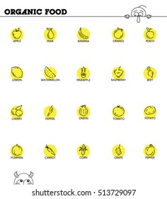 Fruit and vegetables icon set. Collection of high quality outline symbols for web design, mobile app, logo. Flat signs of apple, pepper, onion, carrot, tomato, grape, corn, etc. Organic food line icon