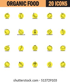 Fruit and vegetables icon set. Collection of high quality outline symbols for web design, mobile app, logo. Flat signs of apple, pepper, onion, carrot, tomato, grape, corn, etc. Organic food line icon