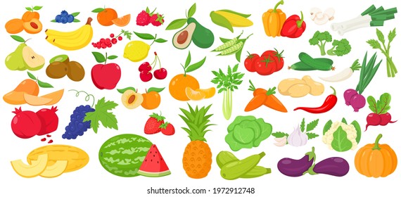 Fruit and vegetables icon set. Color vector illustration of apple, banana, avocado, pomegranate, raspberry, mandarin, pineapple, cucumber. garlic, mango, strawberry, parsley, tomato, potato and ets