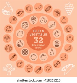 Fruit and vegetables icon set. Garden and tropical harvest modern thin vector line icons. Isolated elements for vegetarian infographic for web, internet, publish, presentations and social networks.