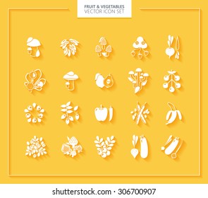 Fruit and Vegetables icon set. White silhouettes with soft shadows.