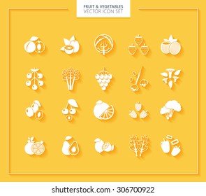 Fruit and Vegetables icon set. White silhouettes with soft shadows.