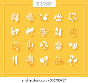 Fruit and Vegetables icon set. White silhouettes with soft shadows.