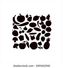 Fruit and Vegetables icon set.Vector silhouettes of fruits vegetables, berries on a white background. A set of food black stencils