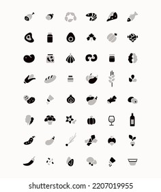 Fruit and Vegetables Icons - Big Series. Simple vector illustration. Fresh vegetarian food, vegetable garden: tomato, salad, carrot, pepper, pumpkin, onion, parsley and etc.
