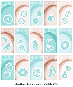 Fruit and vegetables icons on floral banners background collection