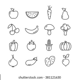 Fruit and vegetables icons set - flat design. Healthy lifestyle. Eco, organic fruit and vegetables.