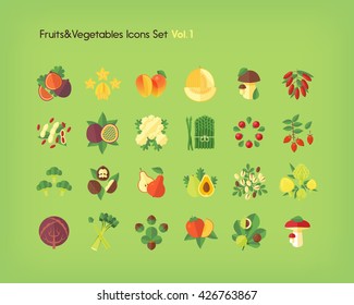 Fruit and vegetables icons set. Flat vector illustration.