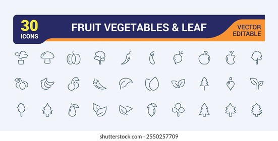 Fruit vegetables and leaf icons in linear style. Featuring cherry, health, cucumber, banana, cook, watermelon and more. Outline icon collections. Editable stroke.
