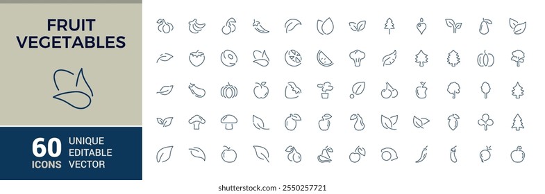 Obst Gemüse und Blätter Ikonen im linearen Stil. Mit Kirsche, Gesundheit, Gurke, Banane, Koch, Wassermelone und mehr. Gliederungssymbolsammlungen. Bearbeitbarer Strich.