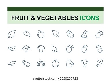 Fruit vegetables and leaf icons in linear style. Featuring cherry, health, cucumber, banana, cook, watermelon and more. Outline icon collections. Editable stroke.