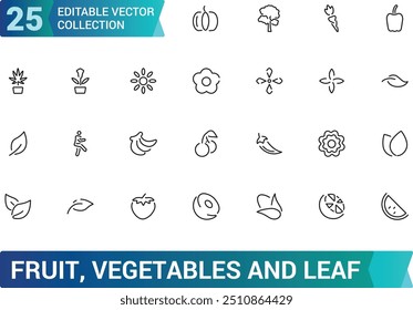 Fruit, vegetables and leaf line icons set. Agriculture vector illustration. Outline signs for gardening. Editable stroke icons.
