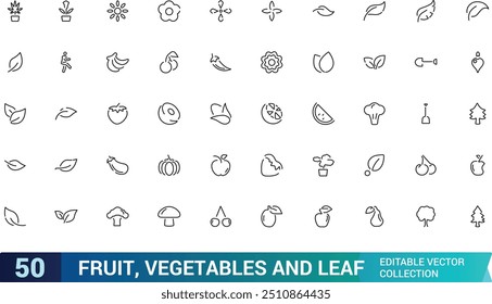 Fruit, vegetables and leaf line icons set. Agriculture vector illustration. Outline signs for gardening. Editable stroke icons.