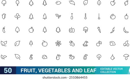 Fruit, vegetables and leaf line icons set. Agriculture vector illustration. Outline signs for gardening. Editable stroke icons.