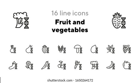 Juego de iconos de línea de frutas y verduras. Conjunto de iconos de línea en fondo blanco. Concepto de compra. champiñón, zanahoria, cereza, manzana. La ilustración vectorial puede utilizarse para temas como comer, comida, salud