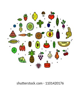 Fruit and vegetables. Line icons set. Vector illustration