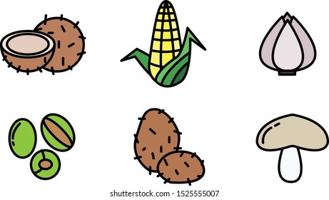 Fruit and vegetables line vector icons with flat elements