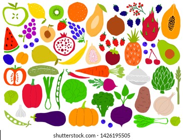 Fruit and vegetables naive simple big set silhouettes. Isolated objects on white background. Fruit and vegetables logo or element for design.Vector illustration.