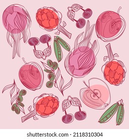 Fruit and vegetables on a pink background in doodle technique vector illustration 
