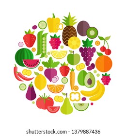 Fruit and vegetables organic flat icons in circle design.Healthy lifestyle or diet design element. 